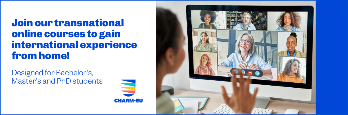 Banner with student learning online. Text: Join our transnational online courses to gain international experience from home!
