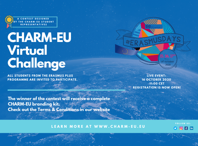 CHARM-EU Virtual Challenge and #ErasmusDays logo with the Europe map in the background. 