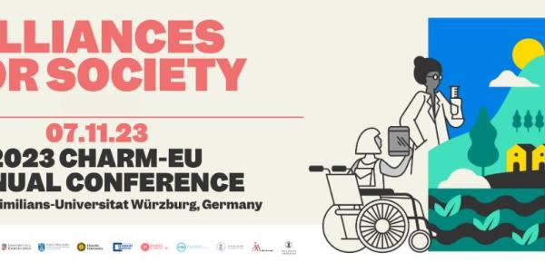 Alliances for Society 07.11.23 2023 CHARM_EU Annual Conference Julius-Maximilians Würzburg University with a drawing of a scientist, a student with a laptop in a wheelchair and a men around a small city with solar and wind energy a mountain and the sun. 