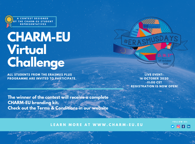 CHARM-EU Virtual Challenge and #ErasmusDays logo with the Europe map in the background.