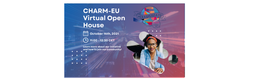 CHARM-EU Open House poster with a woman and the Erasmus Days logo