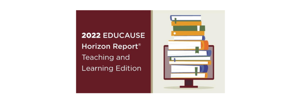 Educause Horizon Report cover. Piles of books