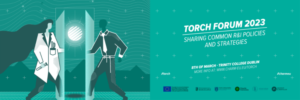 Poster of the TORCH forum with scientist woman and businessman and a glowing TORCH logo