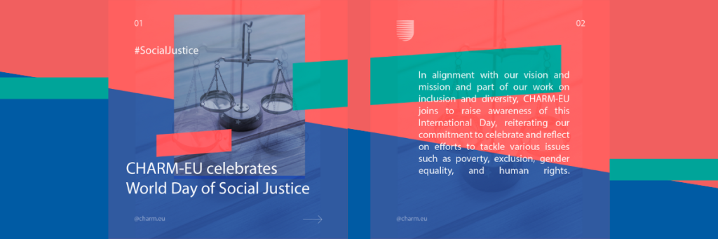 Cover image with the symbol of justice and the text: CHARM-EU celebrated Social Justice Day