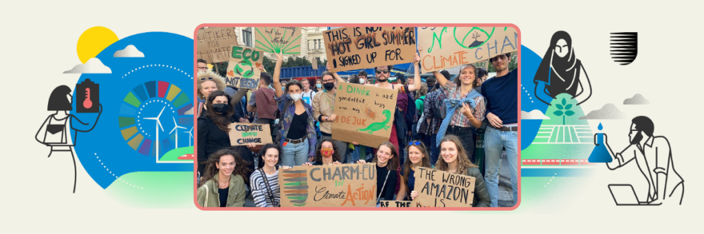 Group picture of CHARM-EU students protesting for climate action