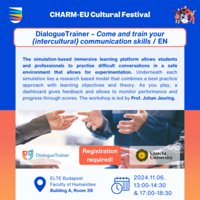 DialogueTrainer – Come and train your (intercultural) communication skills. The simulation-based immersive learning platform allows students and professionals to practise difficult conversations in a safe environment that allows for experimentation. Underneath each simulation lies a research based model that combines a best practice approach with learning objectives and theory. As you play, a dashboard gives feedback and allows to monitor performance and progress through scores. The workshop is led by Prof. Johan Jeuring. 