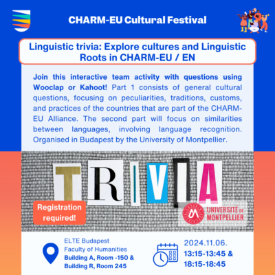 Join this interactive team activity with questions using Wooclap or Kahoot! Part 1 consists of general culture questions, focusing on peculiarities, traditions, customs, and practices of the countries that are part of the CHARM-EU Alliance. The second part will focus on similarities between languages, involving language recognition. 