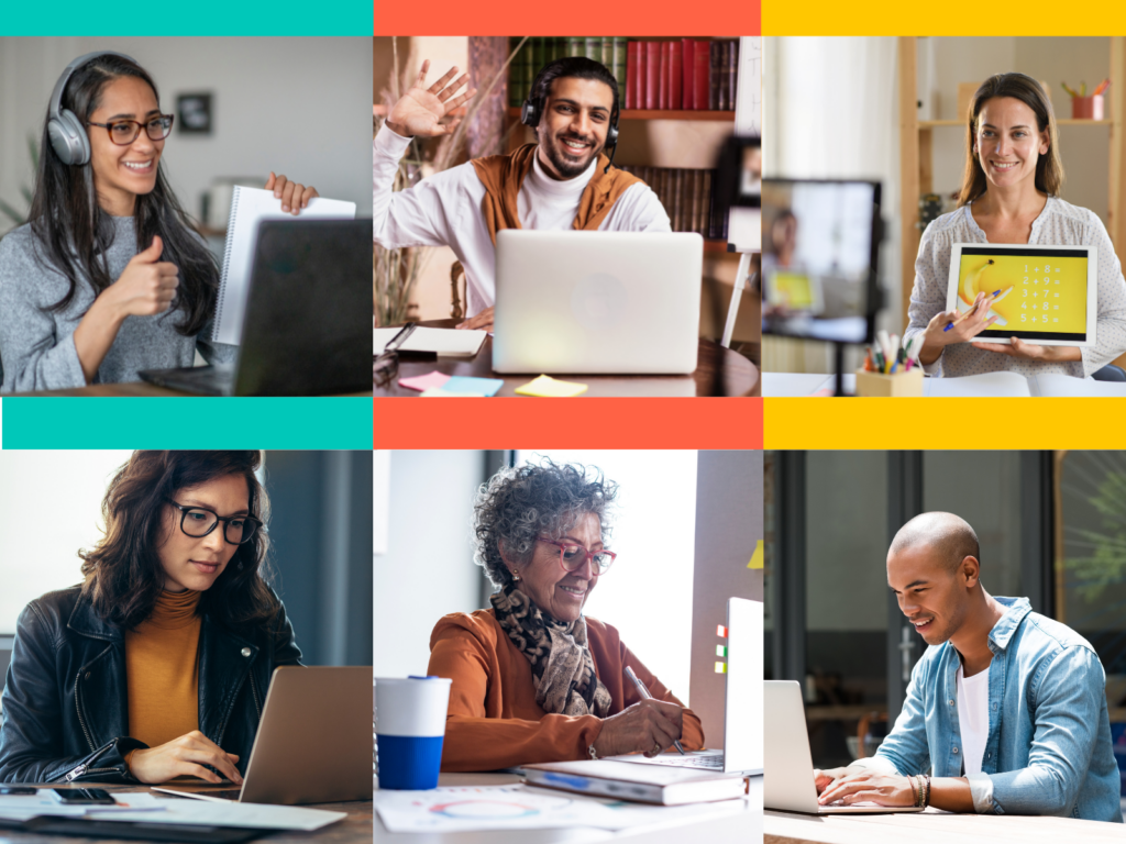 6 persons working with a computer or a tablet. Each one in an individual photo.