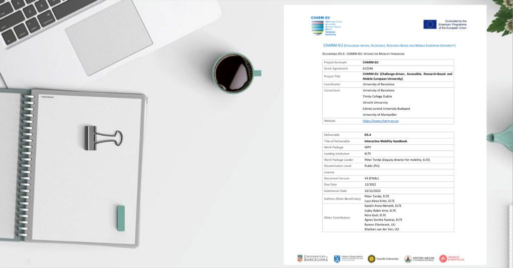 Picture of a laptop, a notebook, coffee with the deliverable on a table.