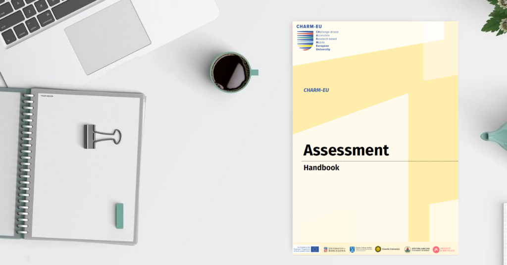 Picture of the laptop, booknote and coffee on a table together with the Assessment Handbook