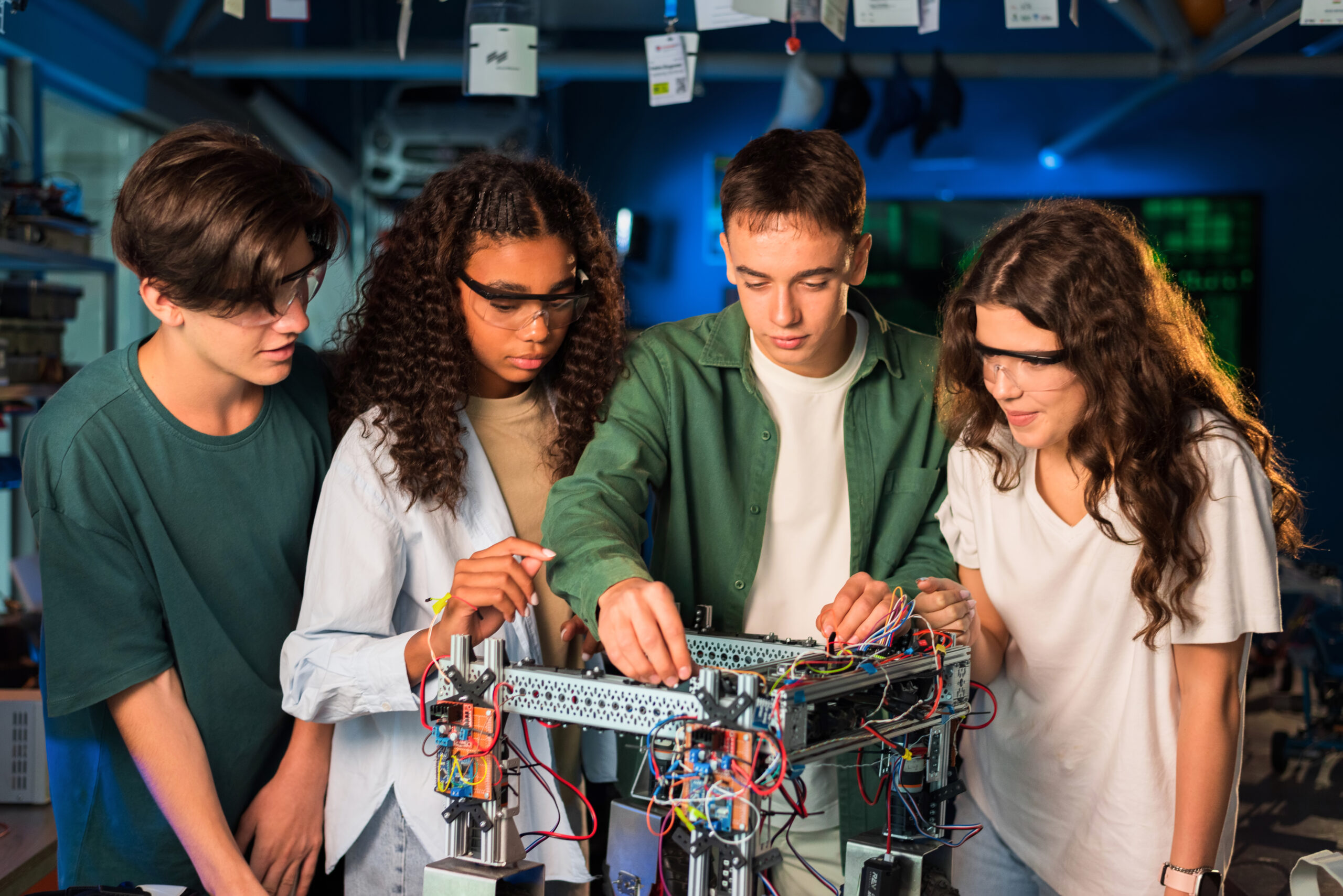 Group of young people doing experiments in robotics in a laboratory. Girls in protective glasses