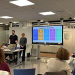 A classroom environment with two individuals standing beside a large digital display showing a multicolored infographic titled “Nuestros resultados,” while seated attendees listen and watch the presentation.