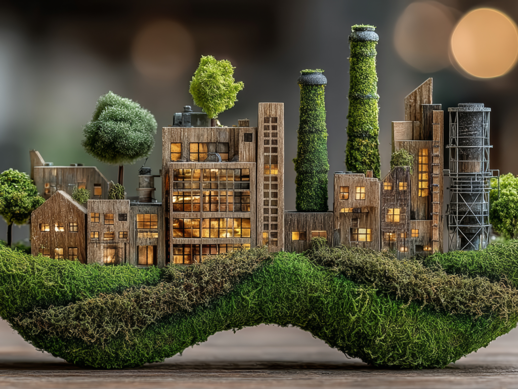 A detailed miniature model of a sustainable city skyline made of natural wood and moss. The buildings feature tiny glowing windows and are integrated with green trees and moss-covered industrial chimneys. The entire scene rests on a floating base of thick, vibrant green moss, set against a soft, blurred background with warm bokeh lights.