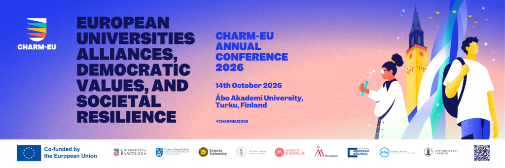 An event banner for the CHARM-EU Annual Conference 2026. The left side features bold text reading "EUROPEAN UNIVERSITIES ALLIANCES, DEMOCRATIC VALUES, AND SOCIETAL RESILIENCE," alongside the CHARM-EU logo. The center text details the event as the "CHARM-EU ANNUAL CONFERENCE 2026" taking place on "14th October 2026" at "Åbo Akademi University, Turku, Finland," including the hashtag #CHARMEU2026. The right side features an illustration of two students, a historic tower building, and a stylized European Union flag under a starry sky. The bottom of the banner displays a row of partner university logos and a "Co-funded by the European Union" logo.