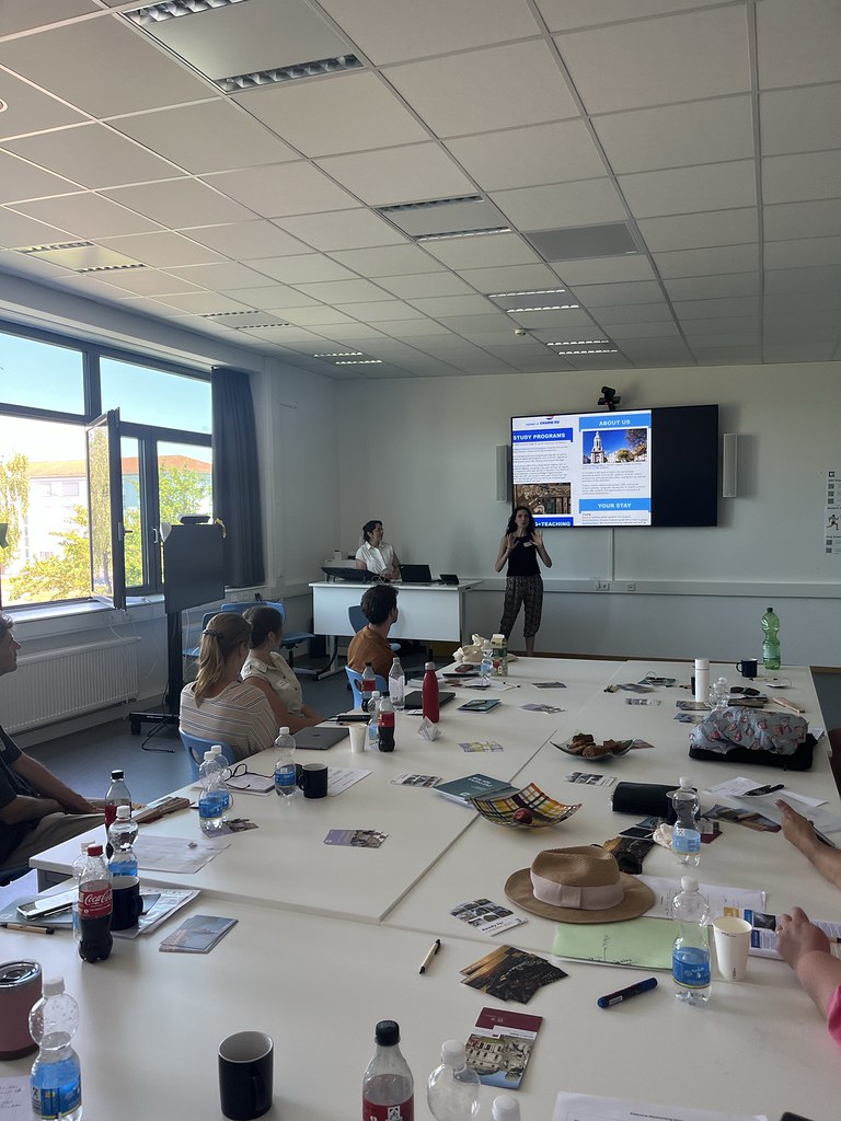 Presenter speaking to participants in a meeting room, with a presentation displayed on a large screen.
