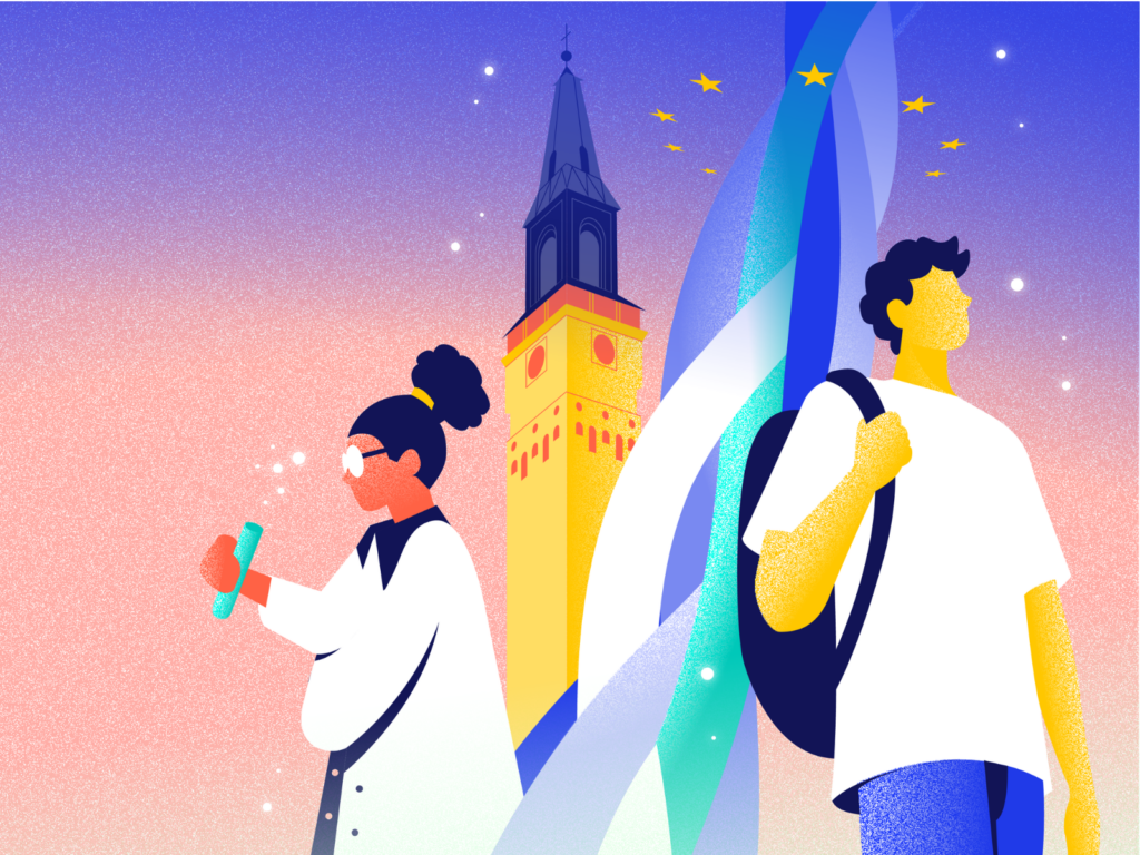 An illustrated poster with a starry pink-to-blue gradient background announcing a "Call for Posters" for the CHARM-EU Annual Conference 2026. The text on the left reads: "European Universities Alliances, Democratic Values, and Societal Resilience" "CHARM-EU Annual Conference 2026" "14th October 2026" "Åbo Akademi University, Turku, Finland" The center features stylized illustrations of a researcher holding a test tube, a student with a backpack, a yellow clock tower, and a flowing blue-and-white ribbon with yellow stars.