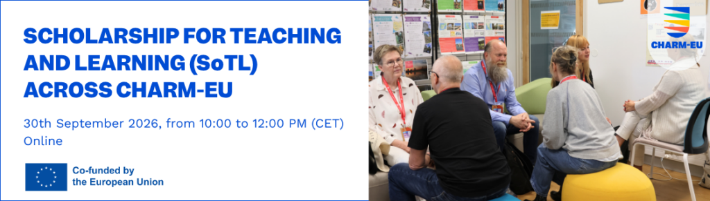 A promotional banner divided into two main sections. On the left, large blue text on a white background reads "SCHOLARSHIP FOR TEACHING AND LEARNING (SoTL) ACROSS CHARM-EU," followed by the event details: "30th September 2026, from 10:00 to 12:00 PM (CET) Online." A blue "Co-funded by the European Union" logo is in the bottom left corner. On the right side, there is a photograph of six people sitting in a circle chatting in an office environment, with a "CHARM-EU" logo overlaid in the top right corner.