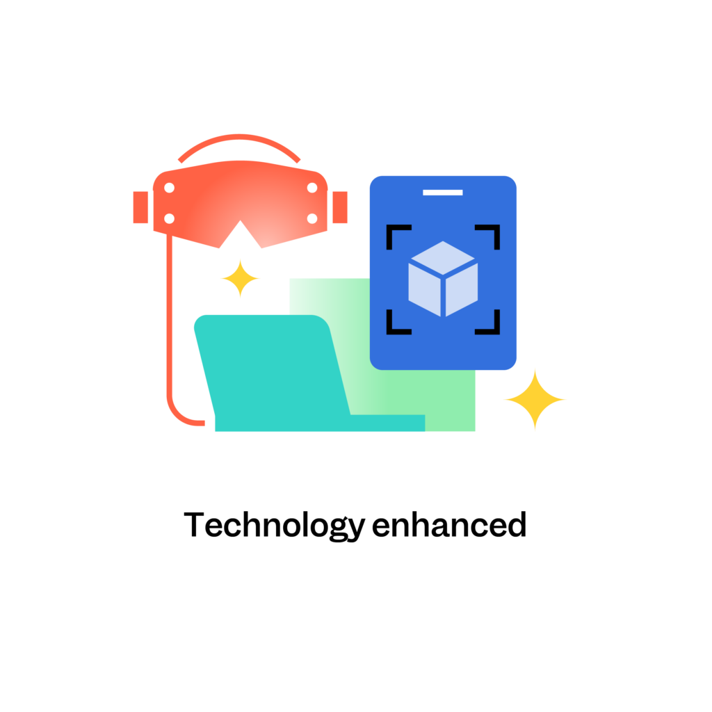 An abstract, colorful vector illustration titled "Technology enhanced." It features a stylized orange virtual reality (VR) headset on the left, a teal and green open laptop in the center, and a blue tablet on the right displaying a 3D geometric cube within framing brackets. Two yellow sparkle icons accent the clean, modern composition against a plain white background.