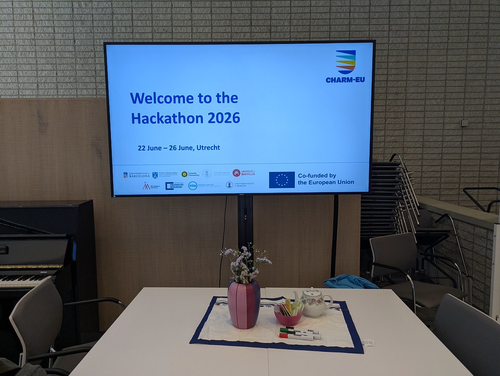Presentation in a big screen, welcoming the participants of the Hackathon. 