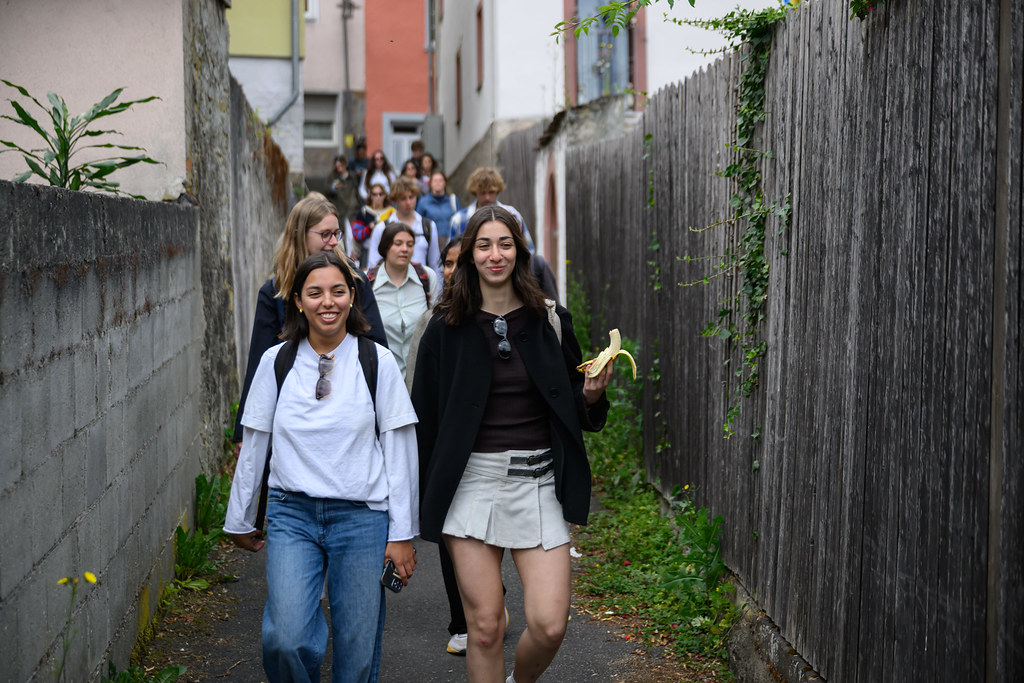 Students walking through a narrow alley during an educational field visit.