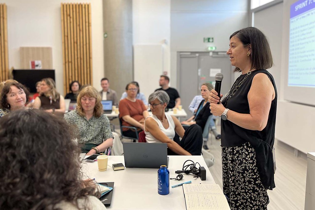 Speaker addressing participants during a CHARM‑EU workshop, with attendees seated around tables.
