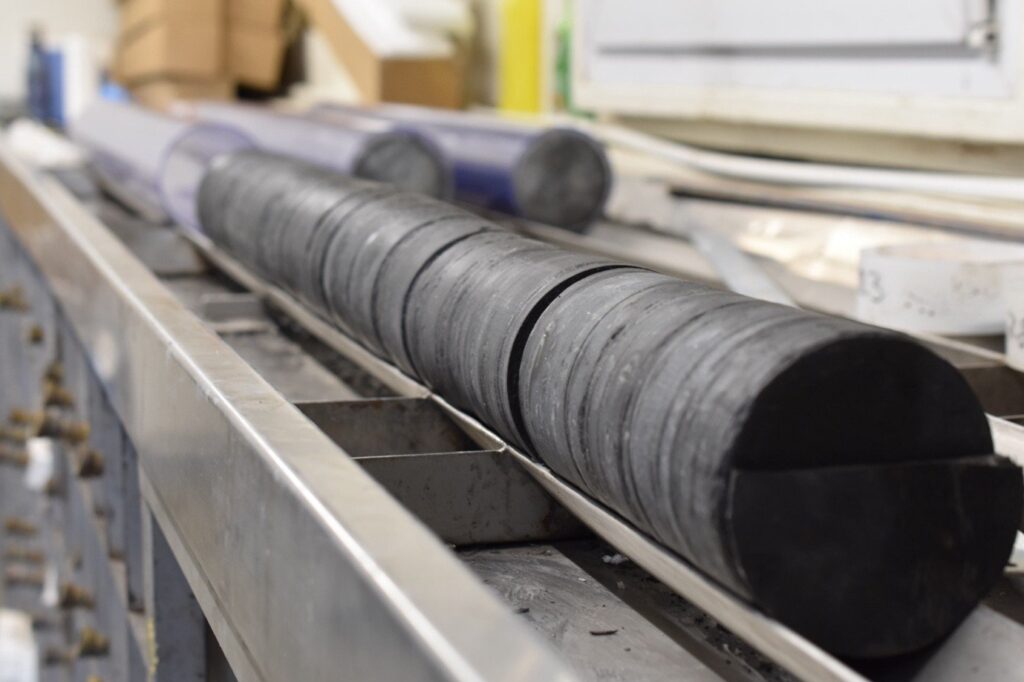 Core section from the Prees-2 core drilled in the United Kingdom in 2021. Photograph: Teuntje Hollaar.