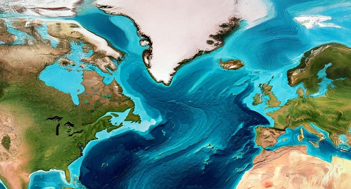 Map of the North Atlantic Ocean and surrounding continents, illustrating the Atlantic meridional overturning circulation and major ocean currents.