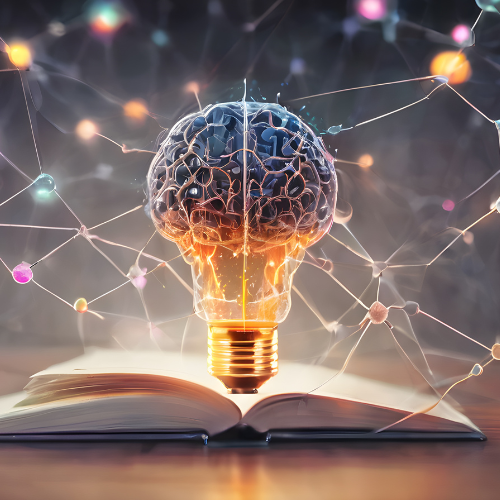 A glowing lightbulb shaped like a human brain hovers above an open book, surrounded by a complex network of shining, interconnected nodes and glowing particles in a dark, abstract background.