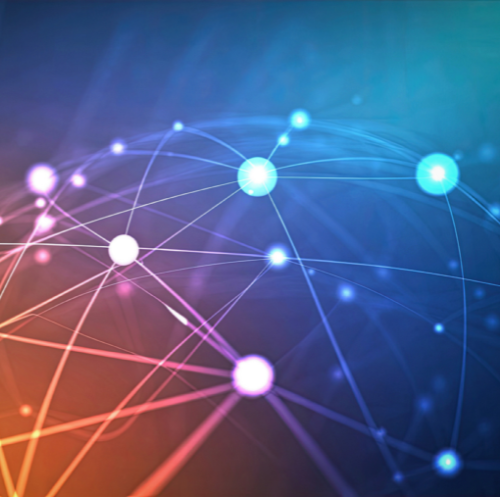 A dynamic, abstract digital graphic illustrating a complex network. Luminous, glowing spherical nodes are interconnected by sharp, branching lines, forming an intricate web across the frame. The nodes and lines shine against a gradient background that shifts from a rich deep blue and green at the top to vibrant shades of orange and purple at the bottom. The entire composition pulses with energy and light, symbolizing concepts like global connectivity, data flow, neural pathways, and the interconnection of research and ideas.