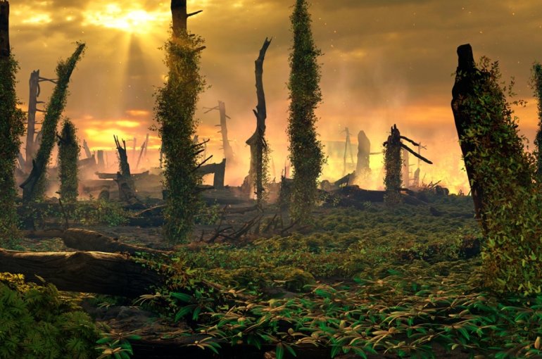 Artist impression of the end-Triassic fern spike interval. Weeding and pioneering ferns are overgrowing the disturbed soils and remains of conifer forests. Credits: Mark Garlick.