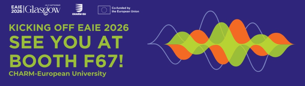 Promotional graphic inviting visitors to CHARM‑EU booth F67 at EAIE 2026 Glasgow