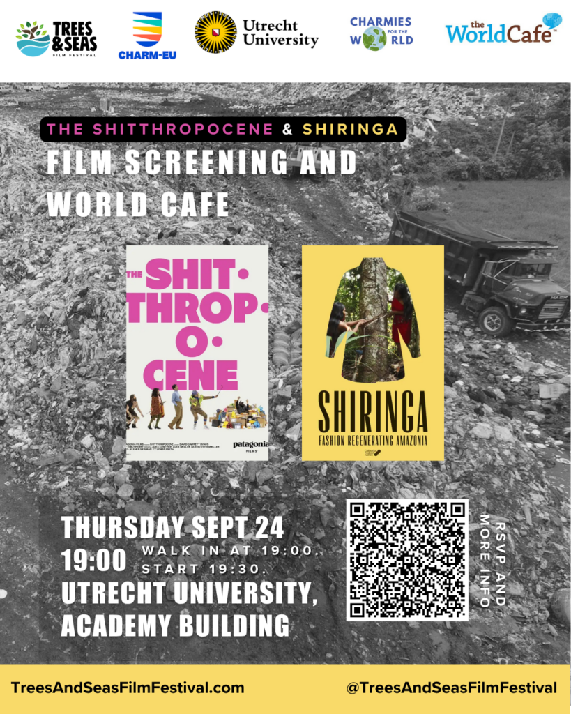 Promotional poster for a film screening and World Café at Utrecht University, featuring the documentaries The Shitthropocene and Shiringa against a landfill background, with event details and a QR code.