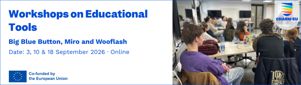 Promotional banner for a series of workshops on educational tools. Big Blue Button, Miro and Wooflash. Date: 3,10 and 18 September 2026 online.