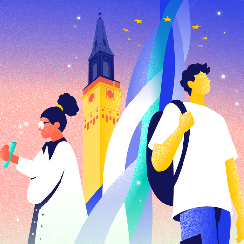 Illustration of two students with academic symbols and a university tower, representing European university alliances.