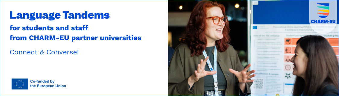 Promotional banner for CHARM-EU Language Tandems for students and staff from partner universities, featuring a photo of two people conversing near a presentation board.