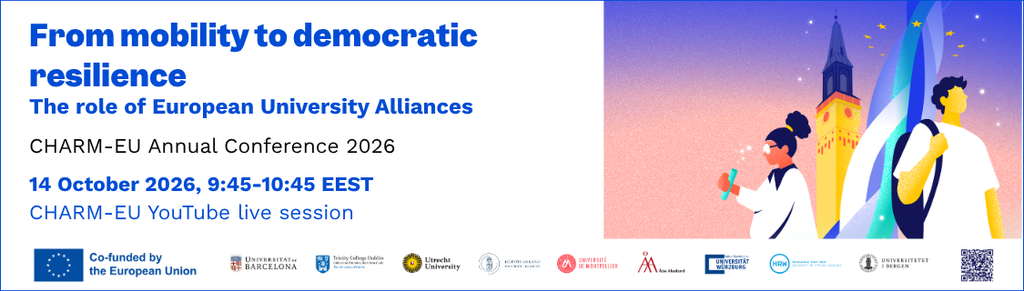 Promotional graphic for a CHARM‑EU Annual Conference 2026 online session on the role of European University Alliances in democratic resilience.