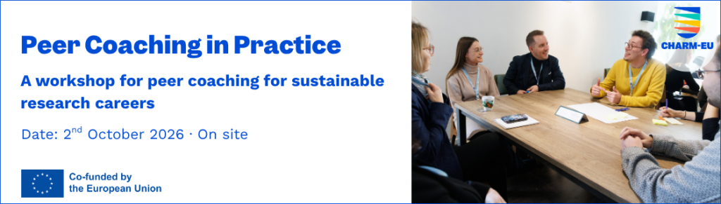 Promotional graphic for a workshop on peer coaching for sustainable research careers, featuring participants in discussion around a meeting table and event details for 2 October 2026.