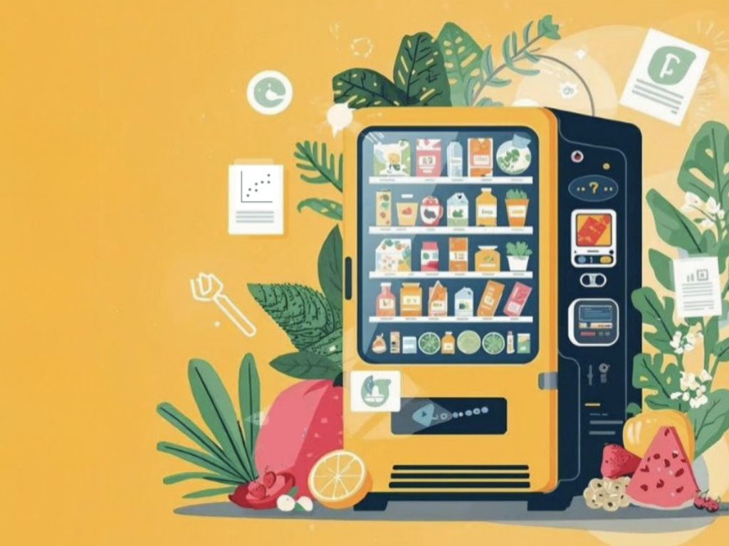 Colorful illustration of a vending machine stocked with healthy snacks, juice bottles, and plants, surrounded by tropical leaves and fresh fruit on a yellow background.