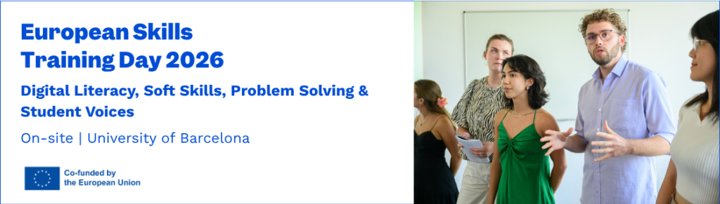 Werbegrafik für den Europäischen Tag der beruflichen Weiterbildung 2026 an der Universität Barcelona, auf der Teilnehmer im Gespräch zu sehen sind und digitale Kompetenz, Soft Skills, Problemlösungskompetenz sowie die Stimmen der Studierenden im Vordergrund stehen.