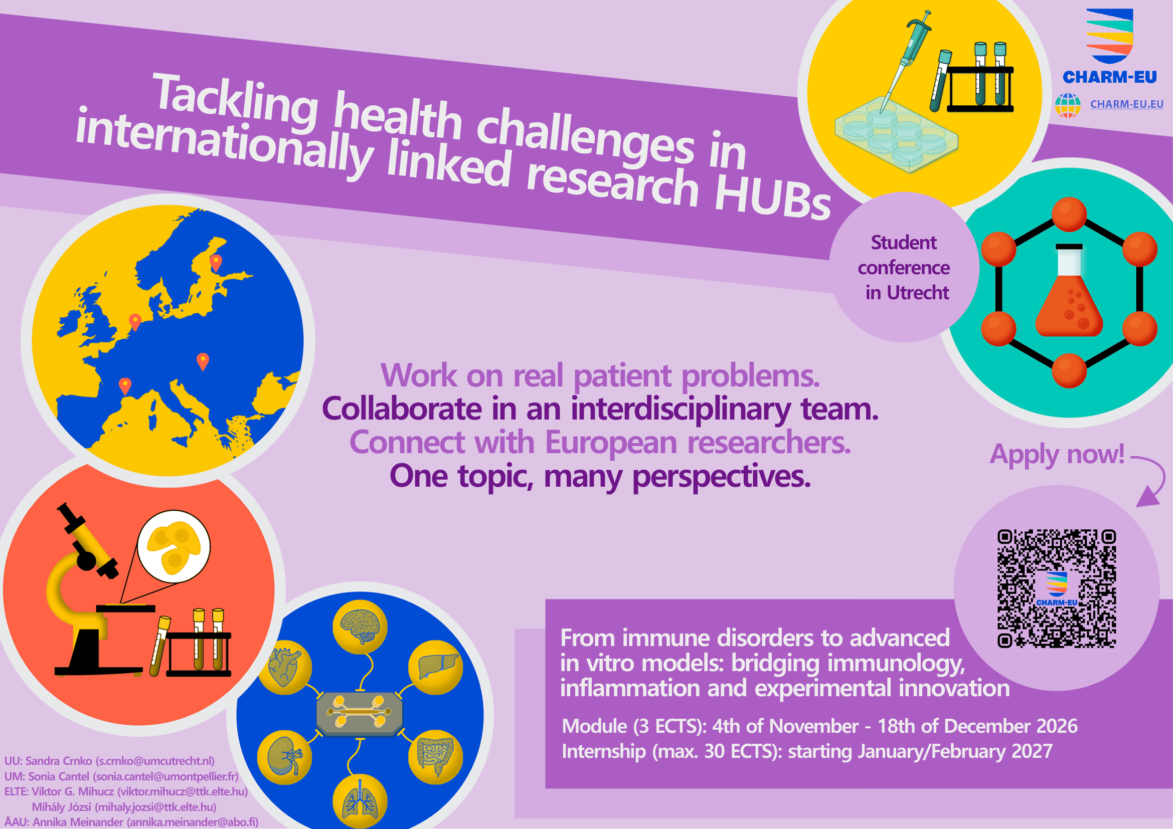Promotional poster for CHARM‑EU internationally linked research hubs, inviting students to collaborate on health challenges with European researchers, featuring scientific illustrations, a Europe map, programme details, and a QR code to apply.