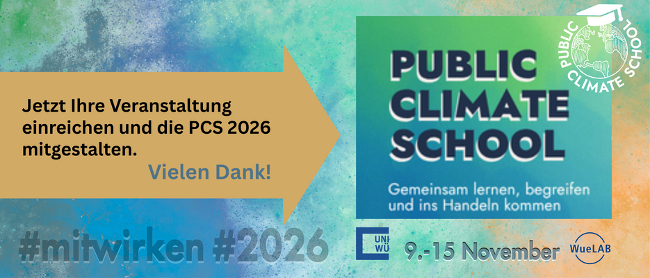 Promotional graphic for Public Climate School 2026, inviting event submissions and participation in the climate education initiative, with dates 9–15 November and the slogan “Learning, understanding and taking action together.”