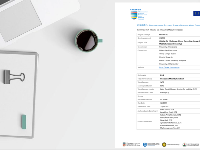 Picture of a laptop, a notebook, coffee with the deliverable on a table.