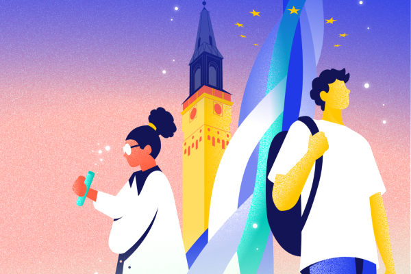 An illustrated poster with a starry pink-to-blue gradient background announcing a "Call for Posters" for the CHARM-EU Annual Conference 2026. The text on the left reads: "European Universities Alliances, Democratic Values, and Societal Resilience" "CHARM-EU Annual Conference 2026" "14th October 2026" "Åbo Akademi University, Turku, Finland" The center features stylized illustrations of a researcher holding a test tube, a student with a backpack, a yellow clock tower, and a flowing blue-and-white ribbon with yellow stars.