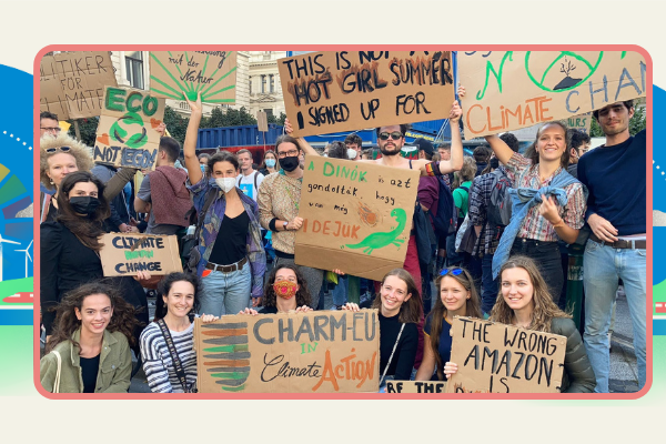 Group picture of CHARM-EU students protesting for climate action