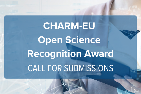 Article cover image with text: CHARM-EU Open Science Recognition Award - Call for Submissions with CHARM-EU logo and a woman with a book in the background