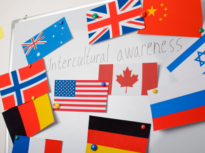 Photo of a white board with flags from different countries.-On the board it is written"Intercultural awareness"