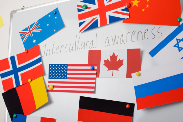 Photo of a white board with flags from different countries.-On the board it is written"Intercultural awareness"