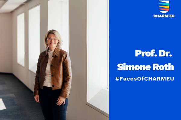 A portrait of Prof. Dr. Simone Roth standing in a bright hallway, featured as part of the #FacesOfCHARMEU series.