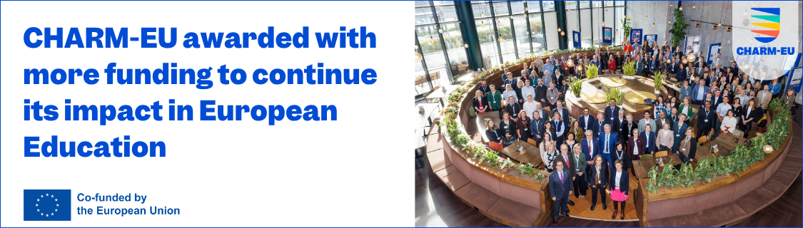 Banner featuring the text "CHARM-EU & EU-CONEXUS First alliances to deliver programmes with Joint European Degree Label" in bold blue letters on a white background. The bottom left corner shows the "Co-funded by the European Union" logo. The right side features a group photo of six people standing indoors; two of them hold certificates and one holds an award. An European Commission banner stands in the background, and the CHARM-EU logo is displayed in the top right corner.