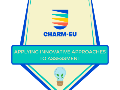 EduBadge for CHARM-EU. The CHARM logo on top, then the text "Applying innovative approaches to assessment", and below that a lightbulb with two plants growing inside of it.